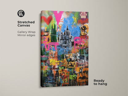 Stretched canvas print of a graffiti cityscape. This urban street art is ready to hang. Gallery wrapped with mirrored edges it features abstract pink yellow blue art. It's eclectic wall decor for a living room adding modern graffiti artwork.