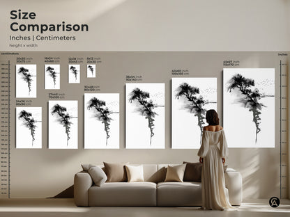 Size comparison of minimalist Ink Wash Tree art. Inches and centimeters provided for easy measuring. The black and white sumi-e landscape looks great in any size. Visualize the art with our size options.