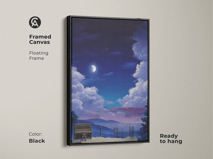 Framed canvas of an indigo moon and piano artwork. The floating frame adds a touch of elegance. Ready to hang for easy display. Perfect for music rooms. The surreal art enhances home decor. A great gift for piano players.