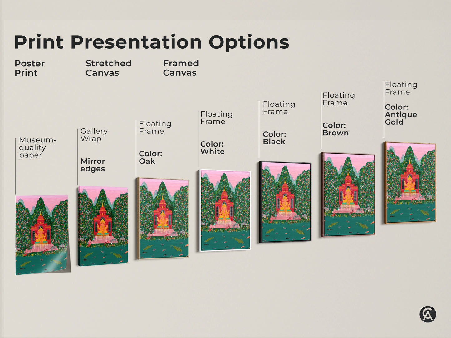 Print presentation options showcasing Ganesha artwork. Choose from a poster print stretched canvas or framed canvas. Options include black brown oak antique gold and white frames. These spiritual wall hangings are perfect for eclectic tropical home decor. Enhance your space with folk artwork.