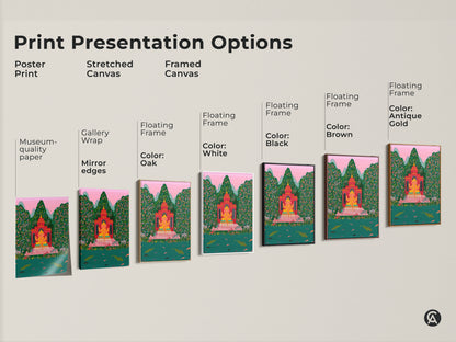 Print presentation options showcasing Ganesha artwork. Choose from a poster print stretched canvas or framed canvas. Options include black brown oak antique gold and white frames. These spiritual wall hangings are perfect for eclectic tropical home decor. Enhance your space with folk artwork.