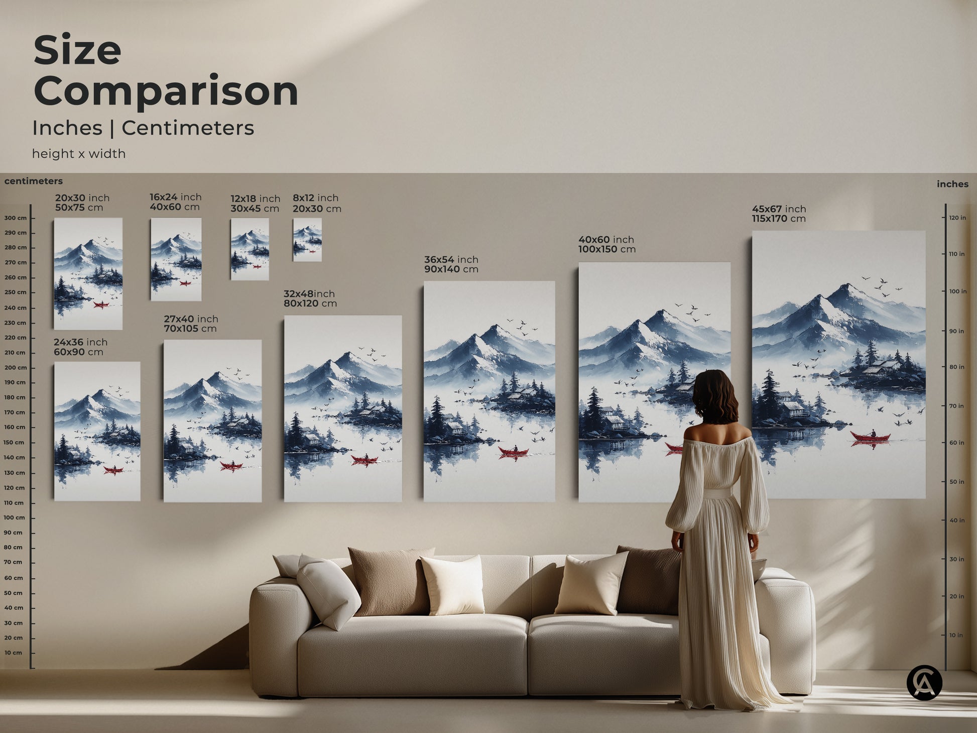 Size comparison of ink wash mountain lake canvas prints. See how the Scandinavian landscape art transforms different spaces. From small to extra-large sizes this peaceful nature wall art fits any room. Note the red boat detail that adds a touch of color to the blue gray landscape.