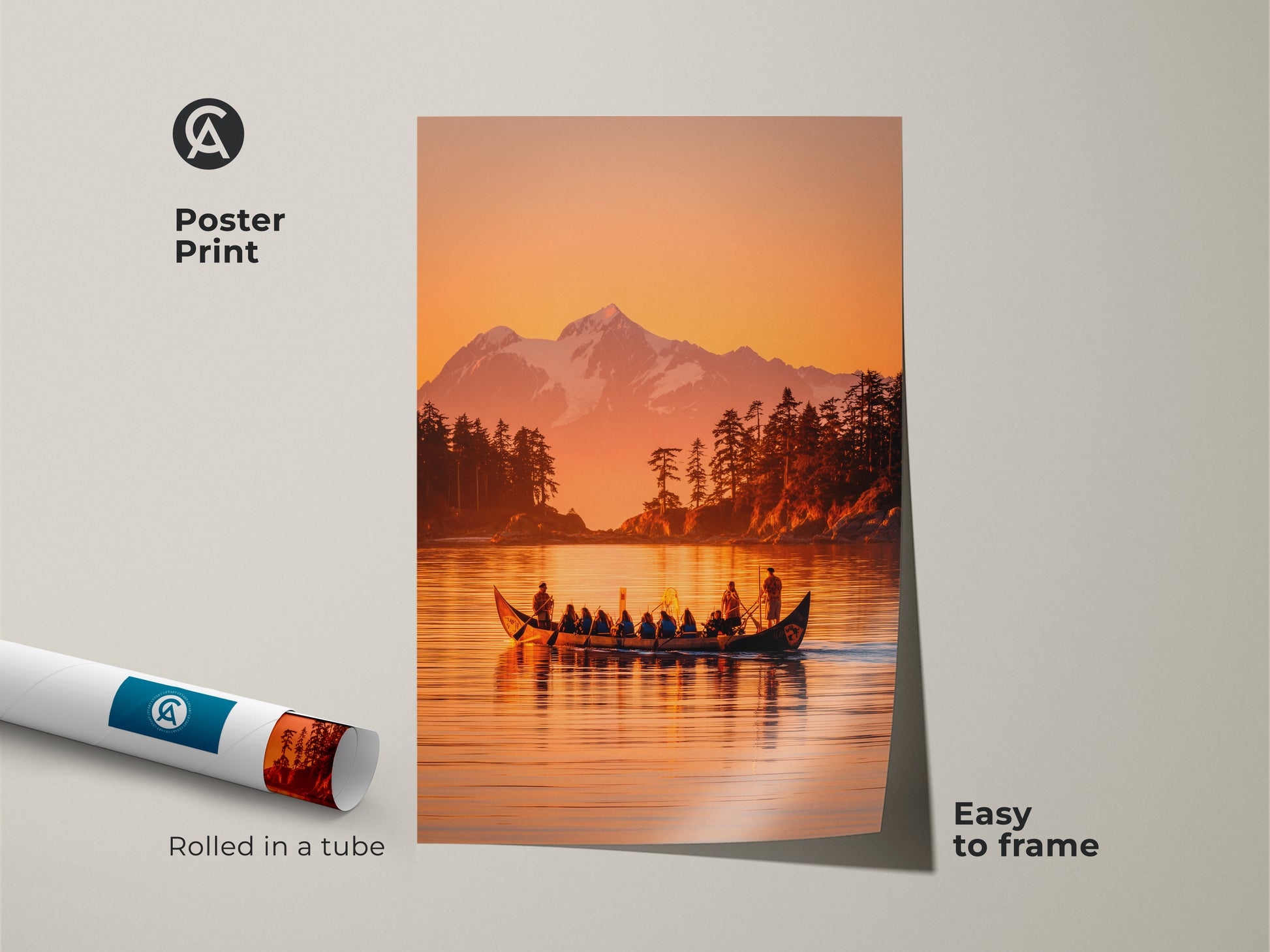 Poster print artwork of a scenic canoe ride on a calm lake. The artwork features a stunning mountain view and trees. The poster print is rolled in a tube for protection. It is an easy-to-frame wall art piece that brings the outdoors inside.