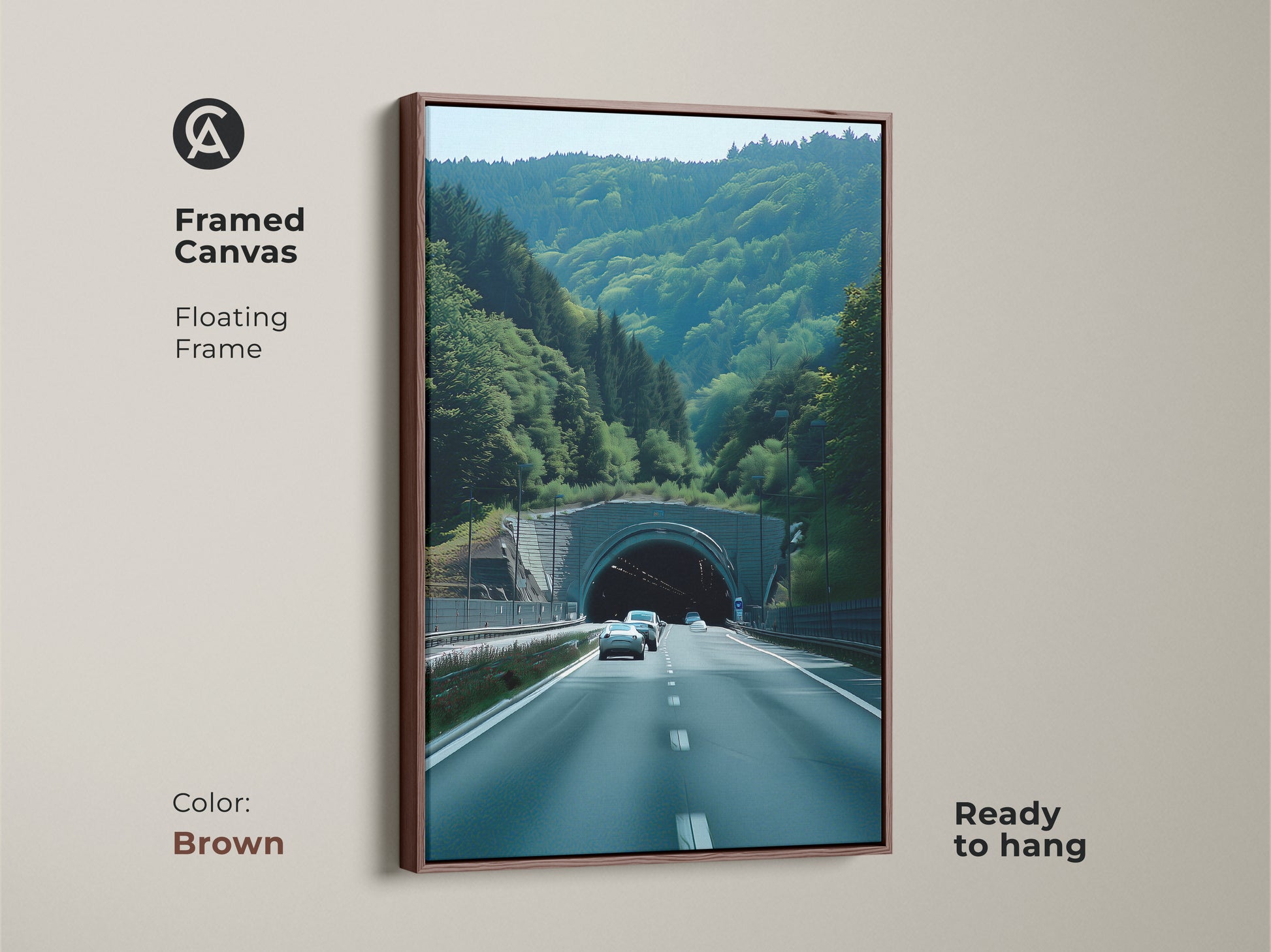 A framed canvas with a brown floating frame shows the Green Forest Tunnel art. Ready to hang scenic art print. It is a contemporary road trip art and realistic car photography piece. This travel destination canvas will suit car lovers. Perfect automotive themed wall art and a unique travel gift.