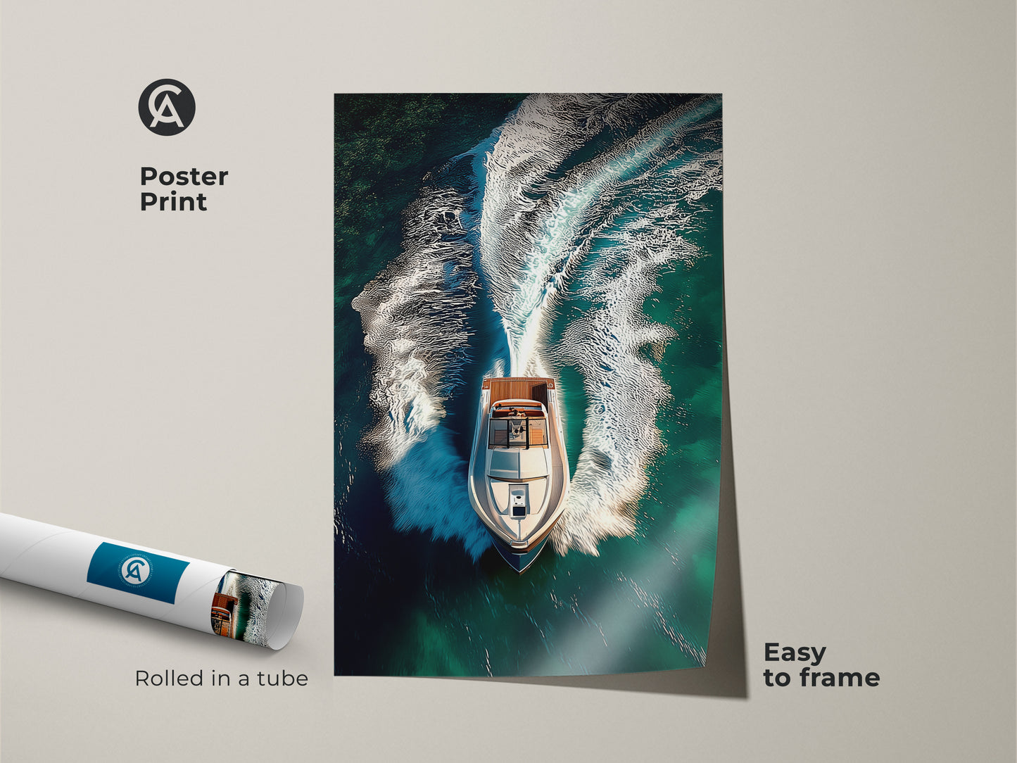 Poster print of a speedboat on turquoise water. This aerial nautical artwork is easy to frame and arrives rolled in a tube. Perfect modern decor for water sports lovers. The speedboat creates a striking white wake on the deep teal ocean. A great gift idea.