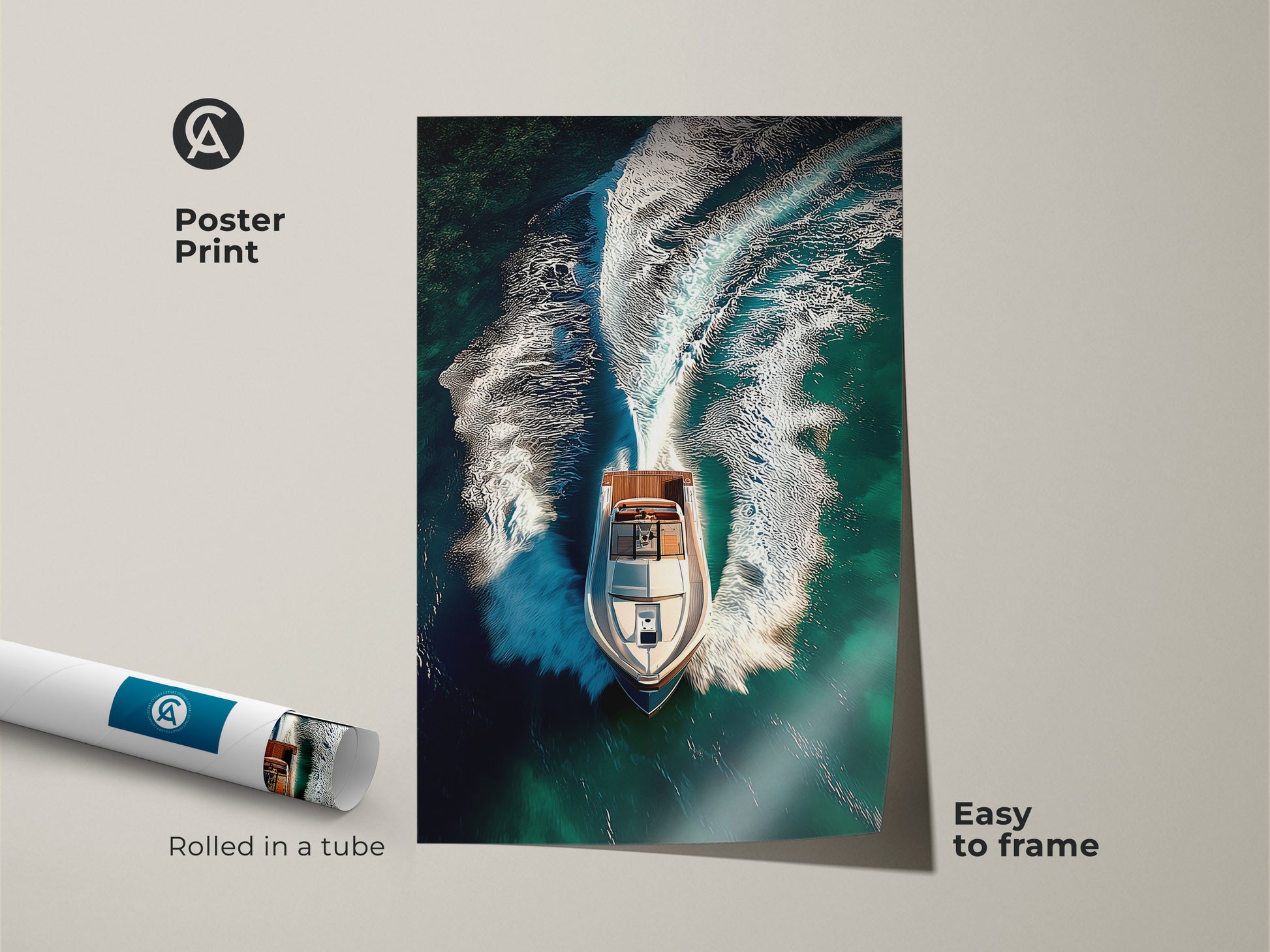 Poster print of a speedboat on turquoise water. This aerial nautical artwork is easy to frame and arrives rolled in a tube. Perfect modern decor for water sports lovers. The speedboat creates a striking white wake on the deep teal ocean. A great gift idea.