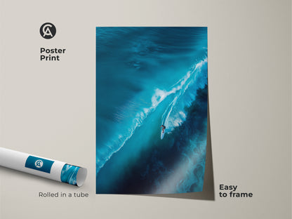 This poster print showcases a surfer riding a large turquoise wave. The ocean wave art is easy to frame. The artwork is rolled in a tube for protection. Add a dramatic touch to your walls with this striking piece.
