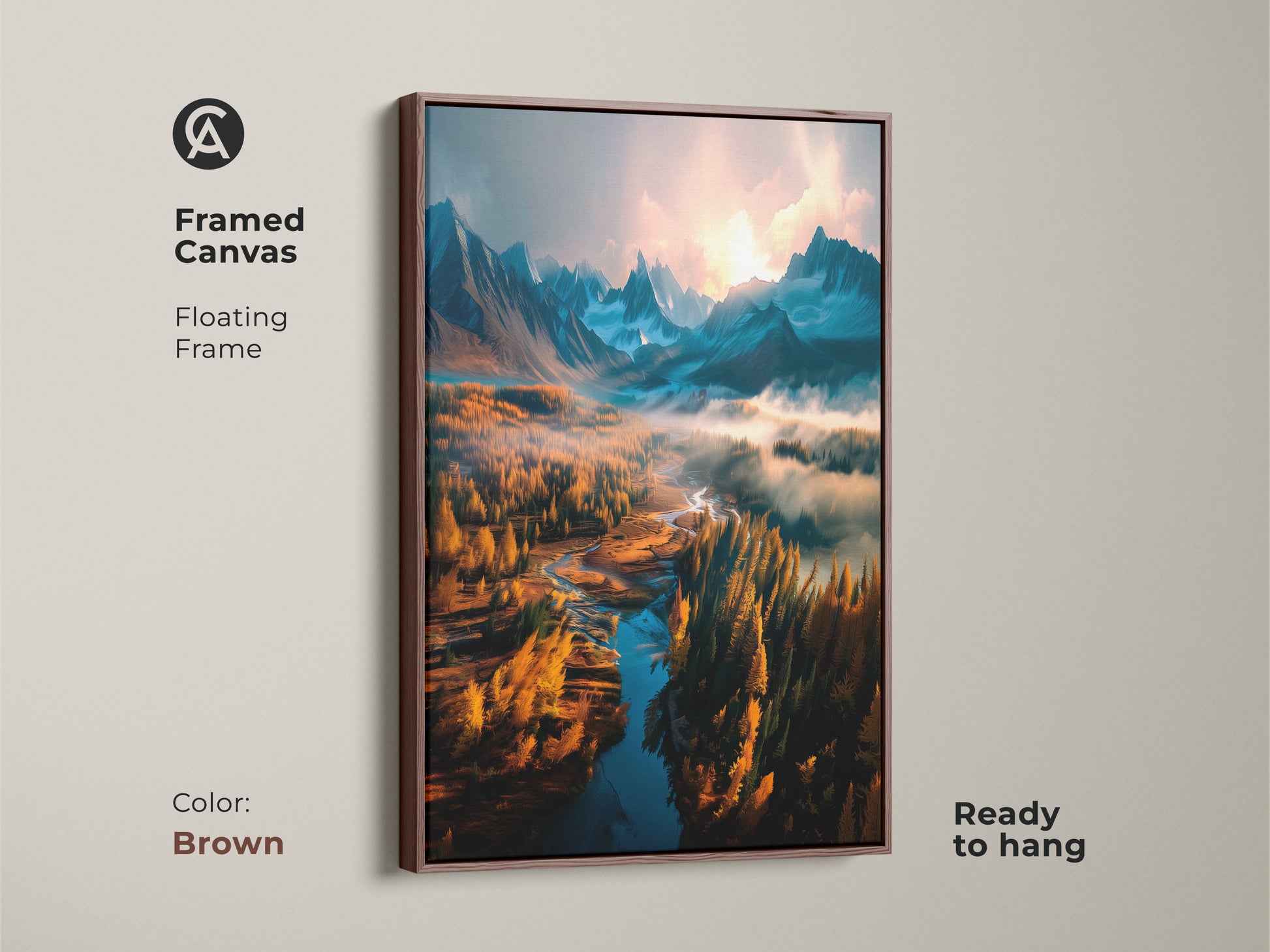 Framed canvas artwork showing mountains a river and golden trees in a brown floating frame. This ready-to-hang art brings nature's beauty to your home. The brown frame adds a warm rustic touch. Purchase this framed artwork to elevate your interior.