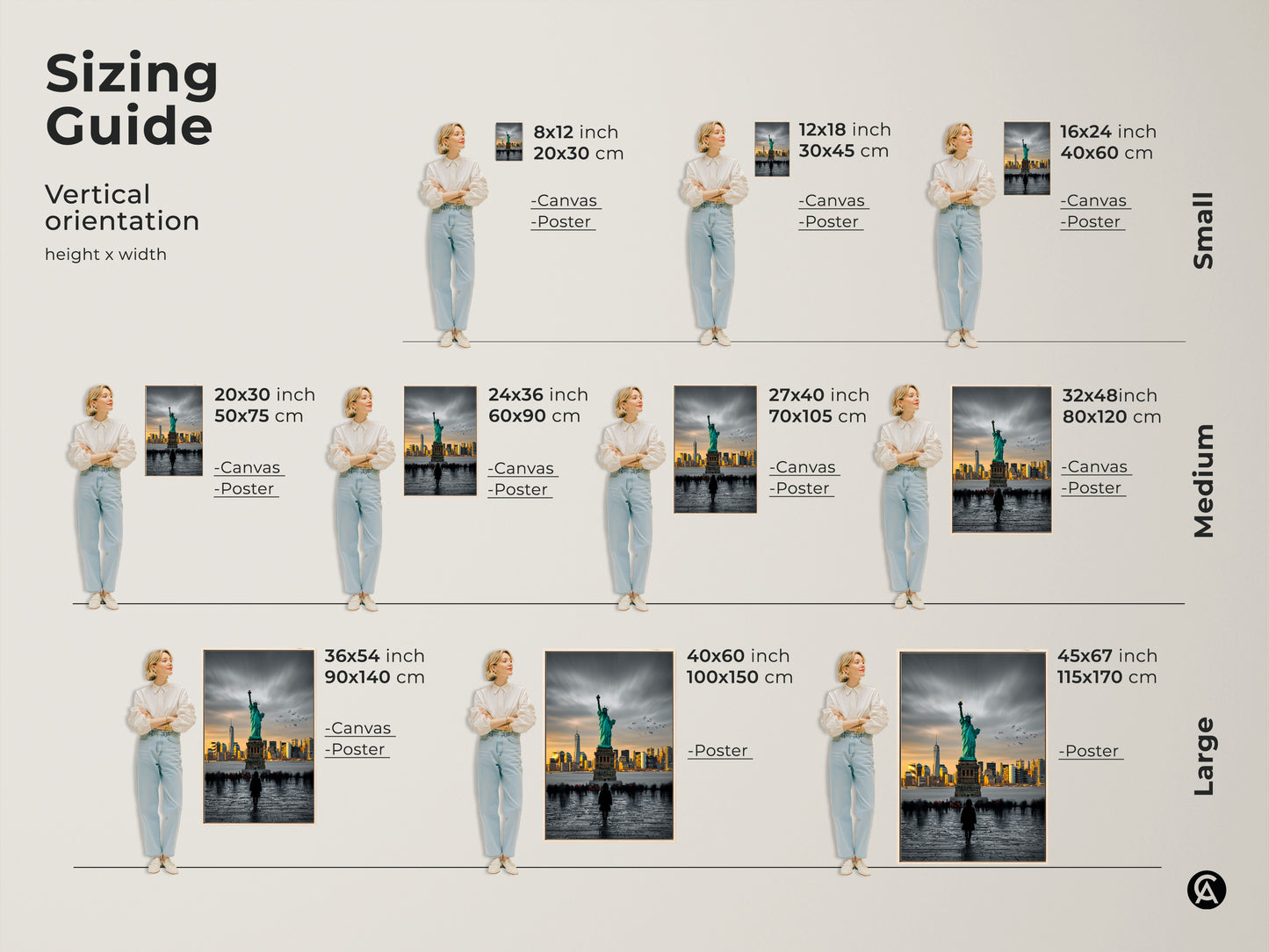 This vertical sizing guide shows the different sizes available for this artwork. You can choose from small medium or large sizes. The art features the Statue of Liberty and the New York City skyline. Find the perfect size for your space today.