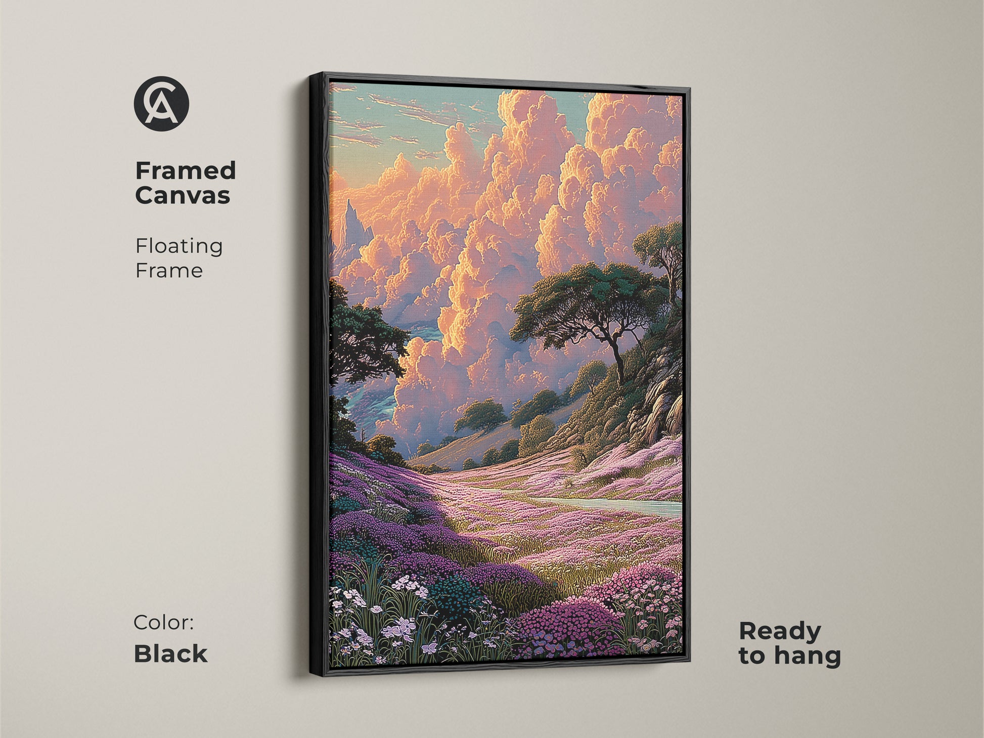 Black framed canvas of an impressionistic wildflower art print. This boho mountain landscape canvas adds a touch of elegance to any space. Ready to hang this artwork showcases purple pink and orange hues creating a serene and stylish atmosphere.
