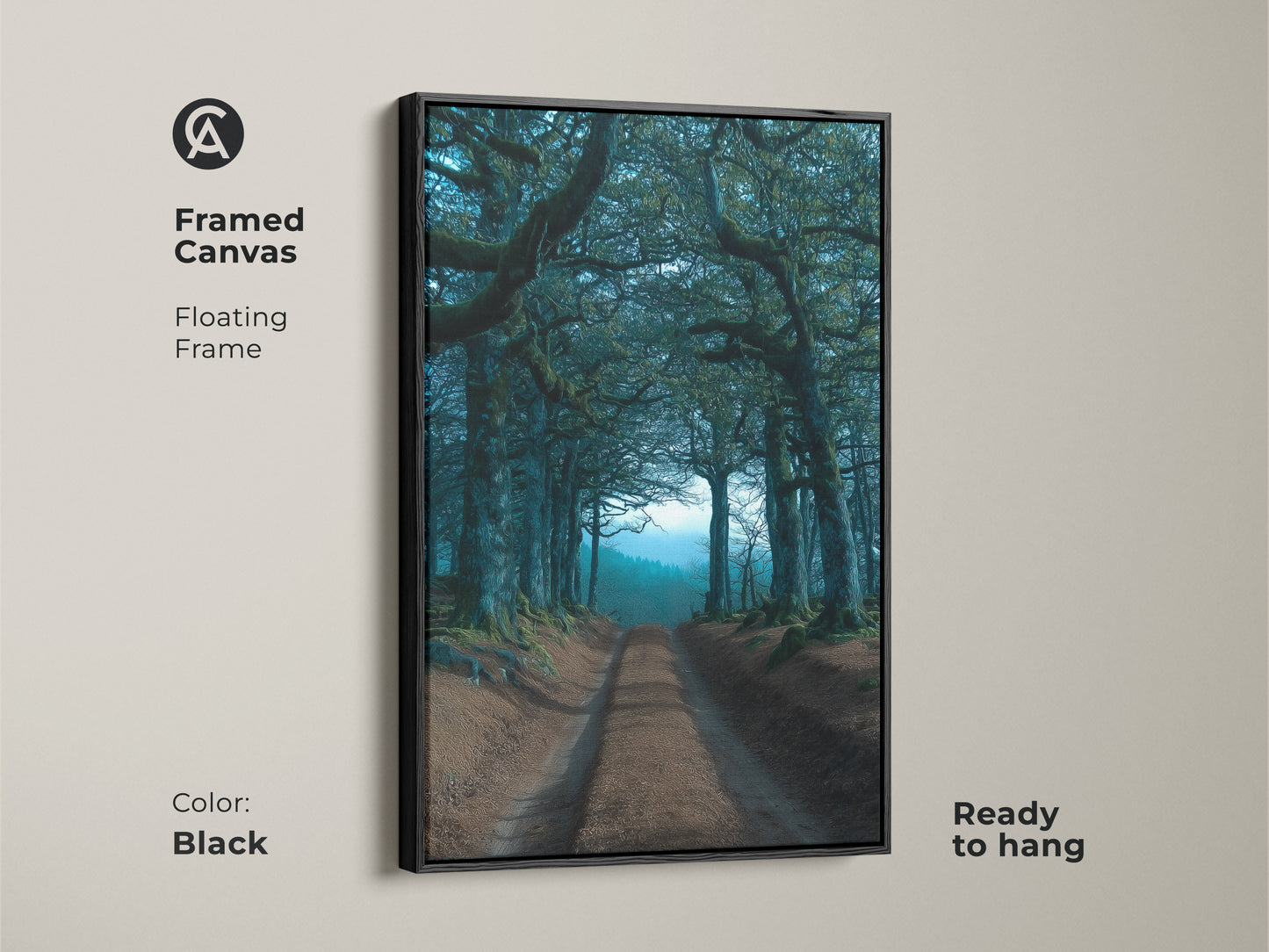 A framed canvas with a floating frame displays an emerald teal tree tunnel. This dark academia landscape artwork is ready to hang. The black frame enhances the mystical nature art perfect for entry hall wall art.