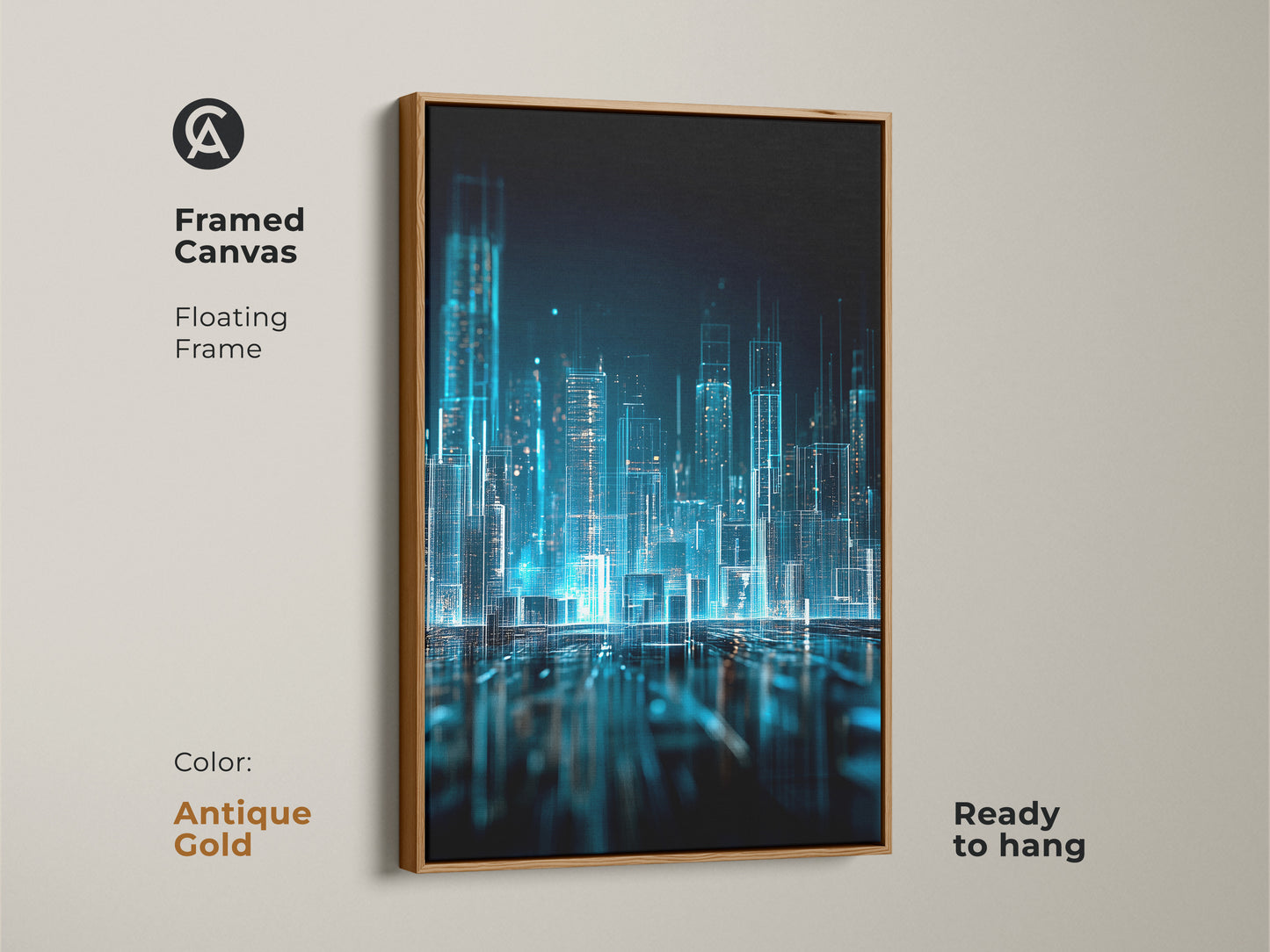 Antique Gold framed canvas of digital city art. This artwork is a blue glowing cityscape. The art features a modern city. This canvas has a floating frame. This canvas is ready to hang.