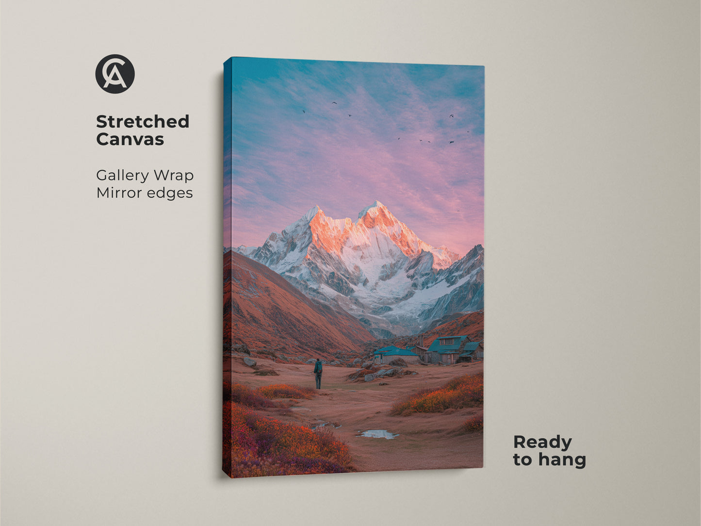 Stretched canvas mountain art. A stunning snow-capped mountain dominates the horizon. The sky is painted with hues of pink and blue. Birds soar above. This gallery-wrapped canvas is ready to hang. Elevate your space with this captivating mountain artwork.