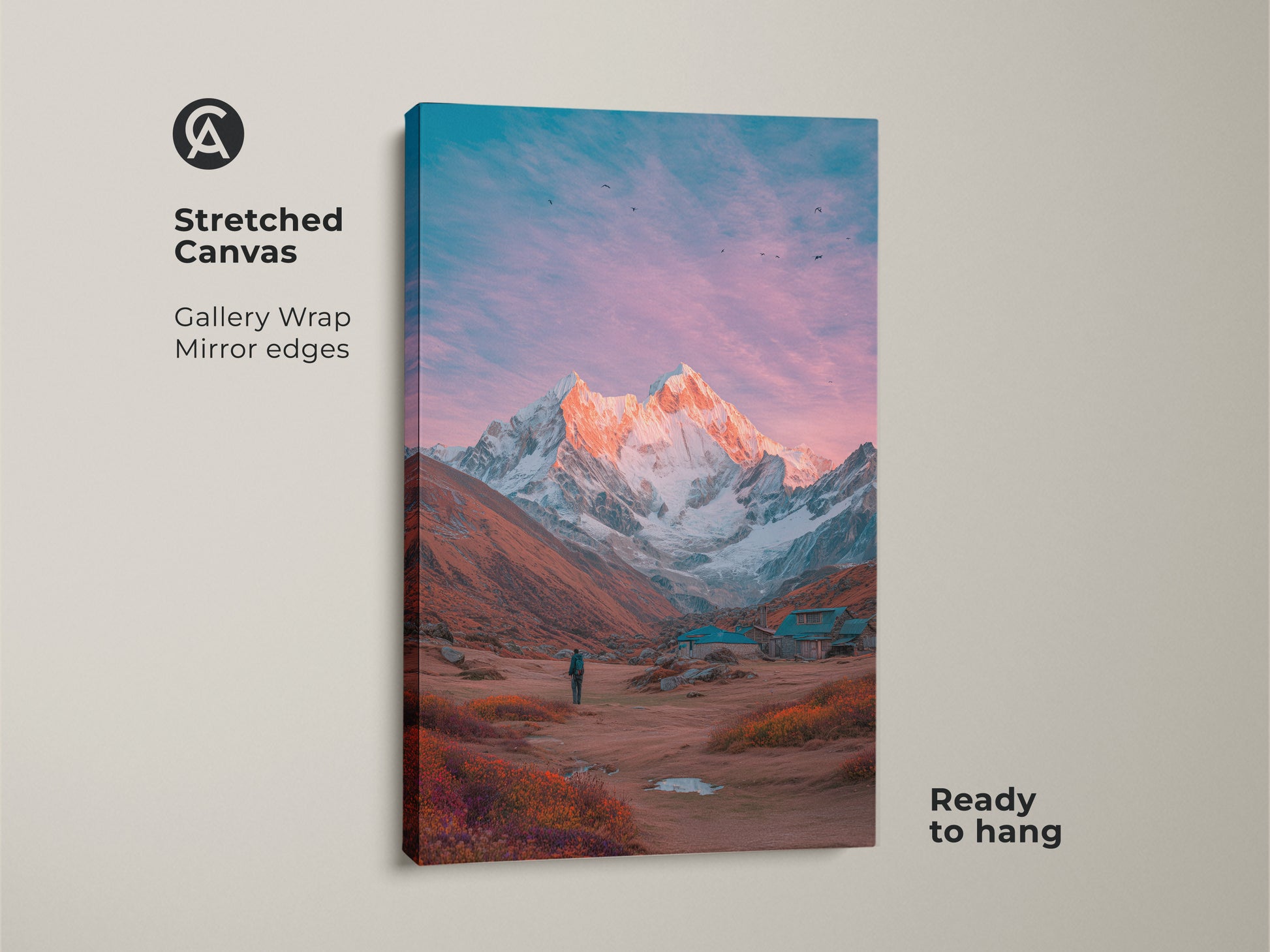 Stretched canvas mountain art. A stunning snow-capped mountain dominates the horizon. The sky is painted with hues of pink and blue. Birds soar above. This gallery-wrapped canvas is ready to hang. Elevate your space with this captivating mountain artwork.