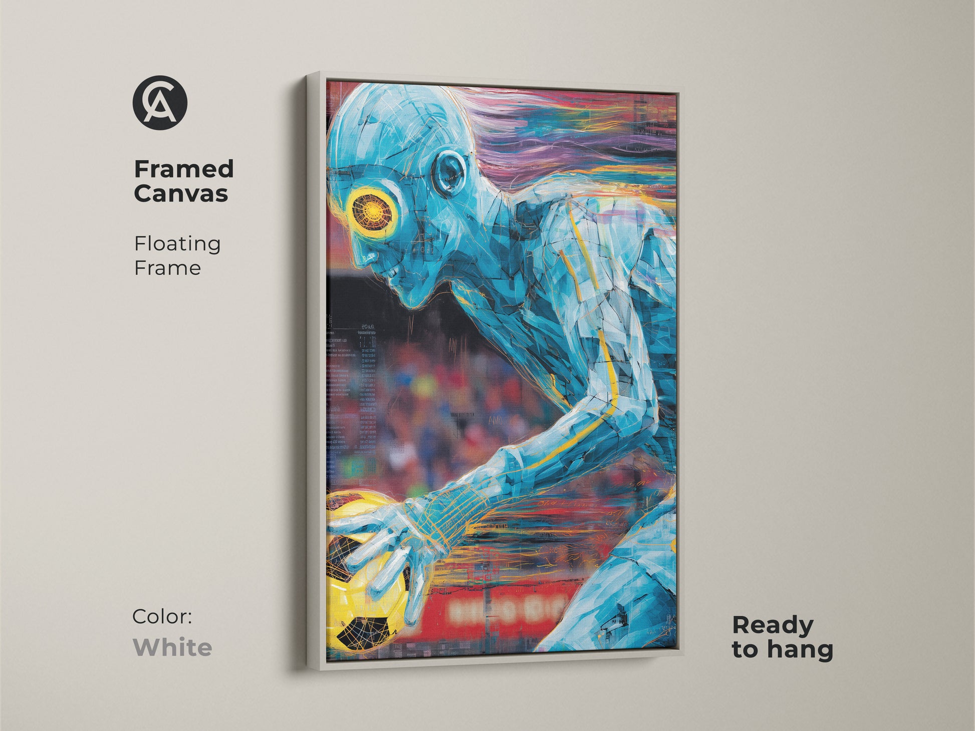 White framed canvas showcasing abstract soccer player artwork. The floating frame creates a clean modern look for this sports art. The blue and yellow print brings contemporary style to any room. It makes a unique soccer gift.