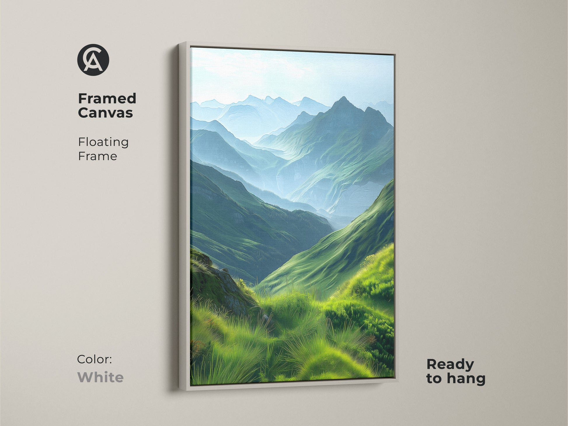 Framed canvas print of an emerald green mountain landscape with a white floating frame. This scenic valley artwork features impressionistic hills. Ready to hang and perfect for nature-inspired bedroom decor. The contemporary piece brings peaceful outdoor scenery to any living space. A great gift for hikers.