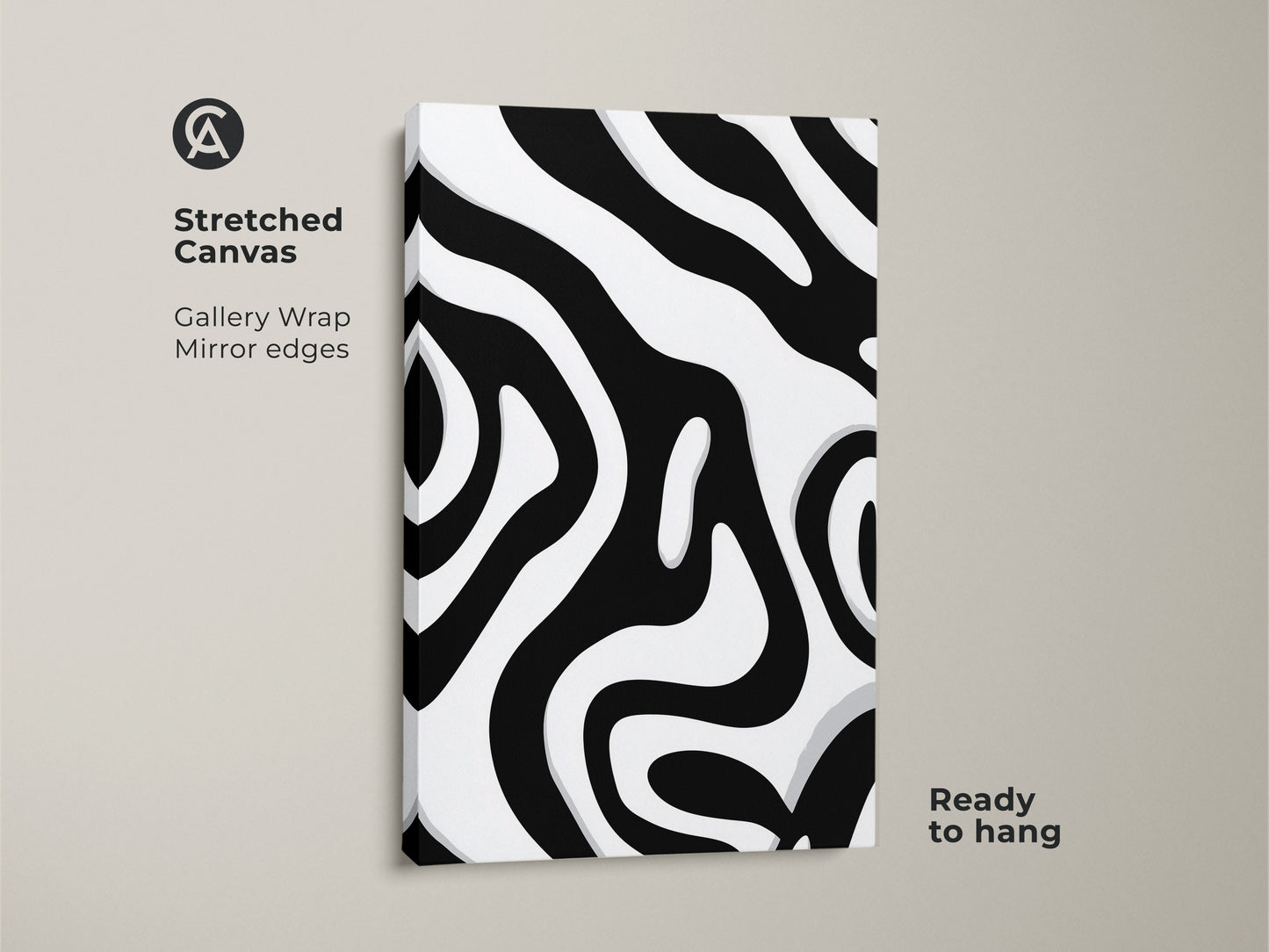 Stretched canvas featuring an abstract zebra stripe pattern. This black and white organic art is ready to hang. The gallery wrap with mirror edges enhances the modern minimalist wall art. Ideal for contemporary home decor.
