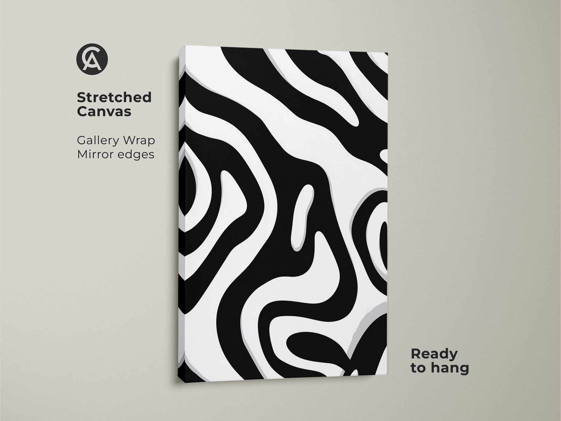 Stretched canvas featuring an abstract zebra stripe pattern. This black and white organic art is ready to hang. The gallery wrap with mirror edges enhances the modern minimalist wall art. Ideal for contemporary home decor.