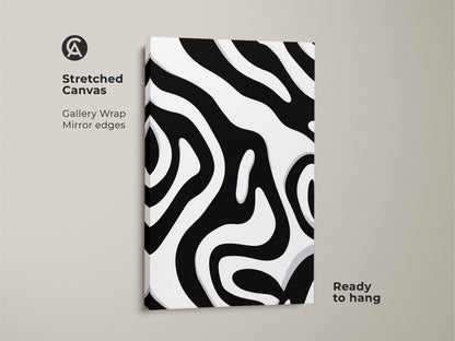 Stretched canvas featuring an abstract zebra stripe pattern. This black and white organic art is ready to hang. The gallery wrap with mirror edges enhances the modern minimalist wall art. Ideal for contemporary home decor.