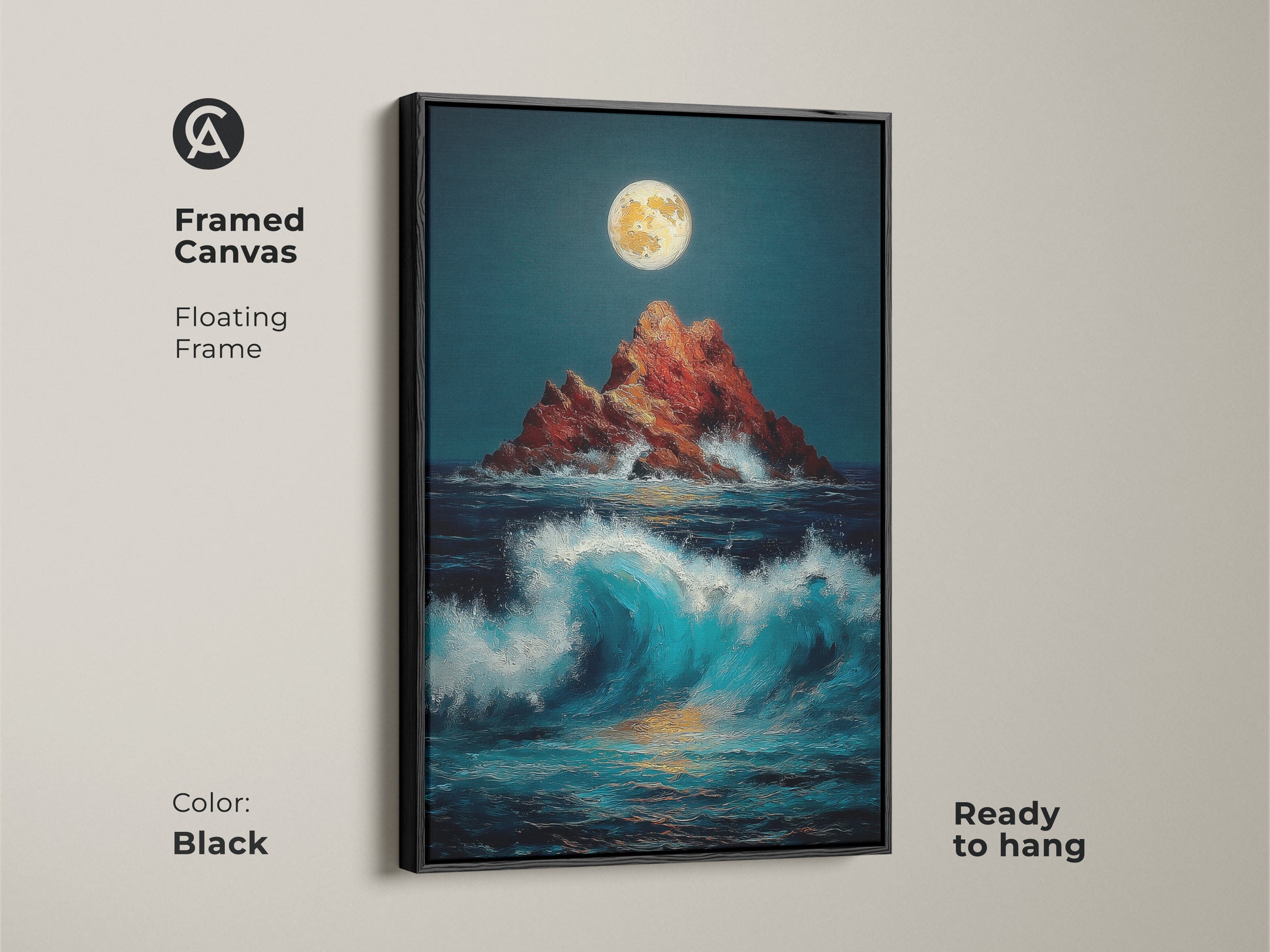 Black framed canvas presents a captivating moonlit ocean scene. A rugged rocky island is surrounded by crashing waves. This ready-to-hang artwork adds coastal charm to any living space.