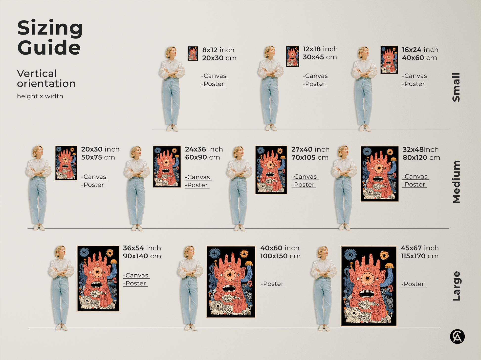 Sizing guide for vertical abstract creature wall art. This orange blue surreal print comes in canvas and poster options. Find the perfect size for your whimsical monster artwork. It is ideal for eclectic home decor or a playful creature print.
