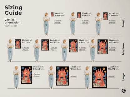 Sizing guide for vertical abstract creature wall art. This orange blue surreal print comes in canvas and poster options. Find the perfect size for your whimsical monster artwork. It is ideal for eclectic home decor or a playful creature print.