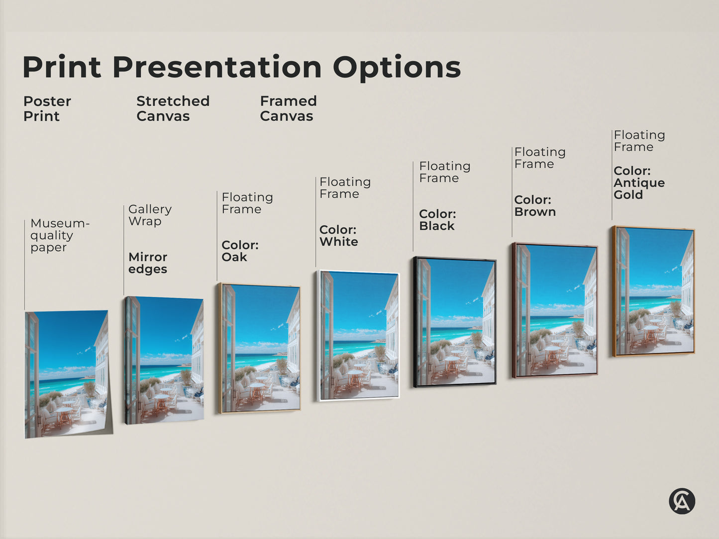 Explore print presentation options for a beach view art. Choose from poster print stretched canvas or framed canvas. Select your preferred style to showcase this coastal artwork in your home.