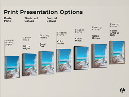 Explore print presentation options for a beach view art. Choose from poster print stretched canvas or framed canvas. Select your preferred style to showcase this coastal artwork in your home.
