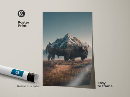 Poster print displays a bison and mountain scene. Rolled in a tube for protection it's easy to frame. The artwork combines a bison and mountain creating a unique nature piece. Add this wildlife poster to your collection.