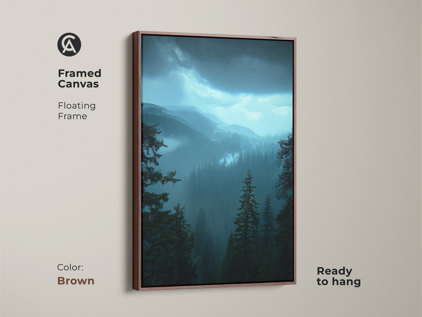 Deep blue landscape print of a mountain forest in a brown floating frame. This framed canvas is ready to hang. This rustic home decor art is an outdoor lover gift idea. Nature scene wall hanging for hiker's paradise. Teal forest artwork for bedroom wall decor.
