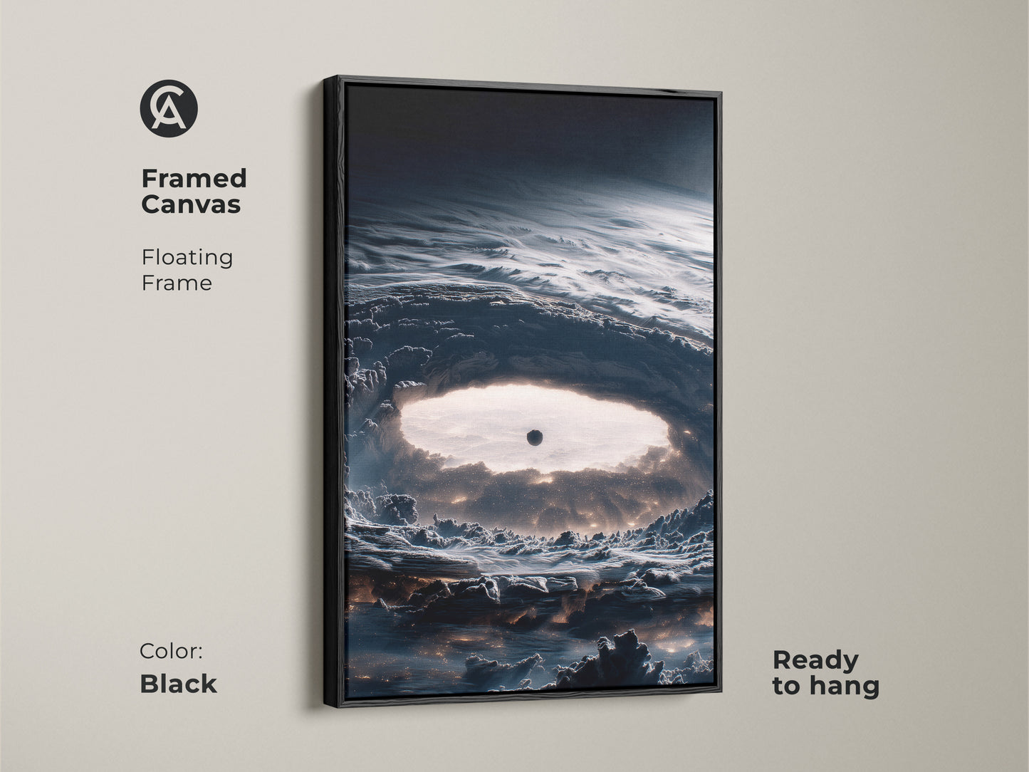 Black framed canvas with abstract space art. This deep navy nebula print showcases sci-fi cosmos artwork ready to hang. The floating frame adds elegance to this contemporary office decor a unique gift for stargazers.