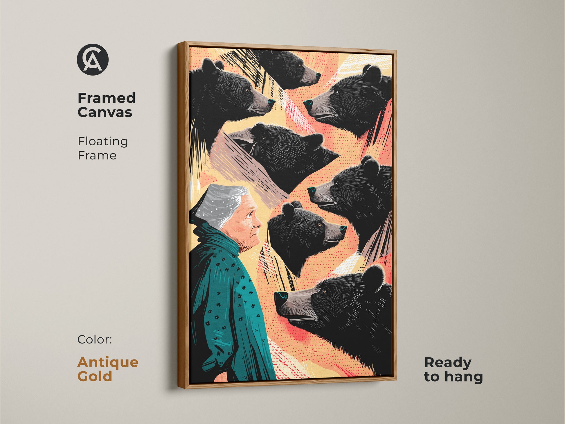 The surreal woman and bear art is framed in an antique gold floating frame. This ready to hang canvas adds bold color palette wall art to any space. Perfect gift for him or her for unusual decor.