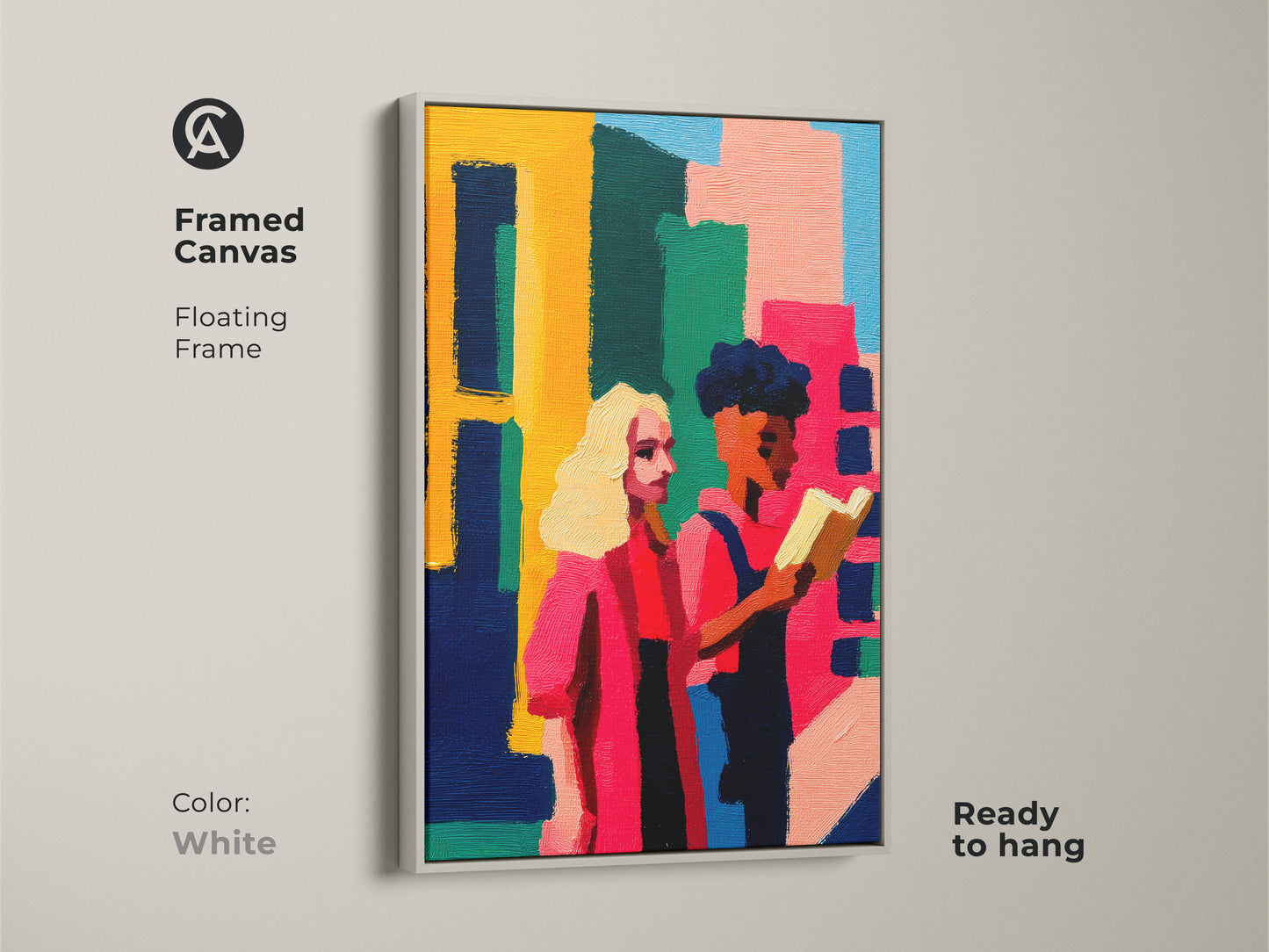 Framed canvas with a white floating frame. This artwork shows people reading in an abstract style. The piece is ready to hang and offers a clean modern look. This colorful abstract painting is a great addition to any space.