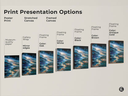 Explore print presentation options for space cloudscape art. Choose from poster prints stretched canvas and framed canvas. Select gallery wrap mirror edges or floating frames in oak white black brown or antique gold. Find the perfect style for your home decor.