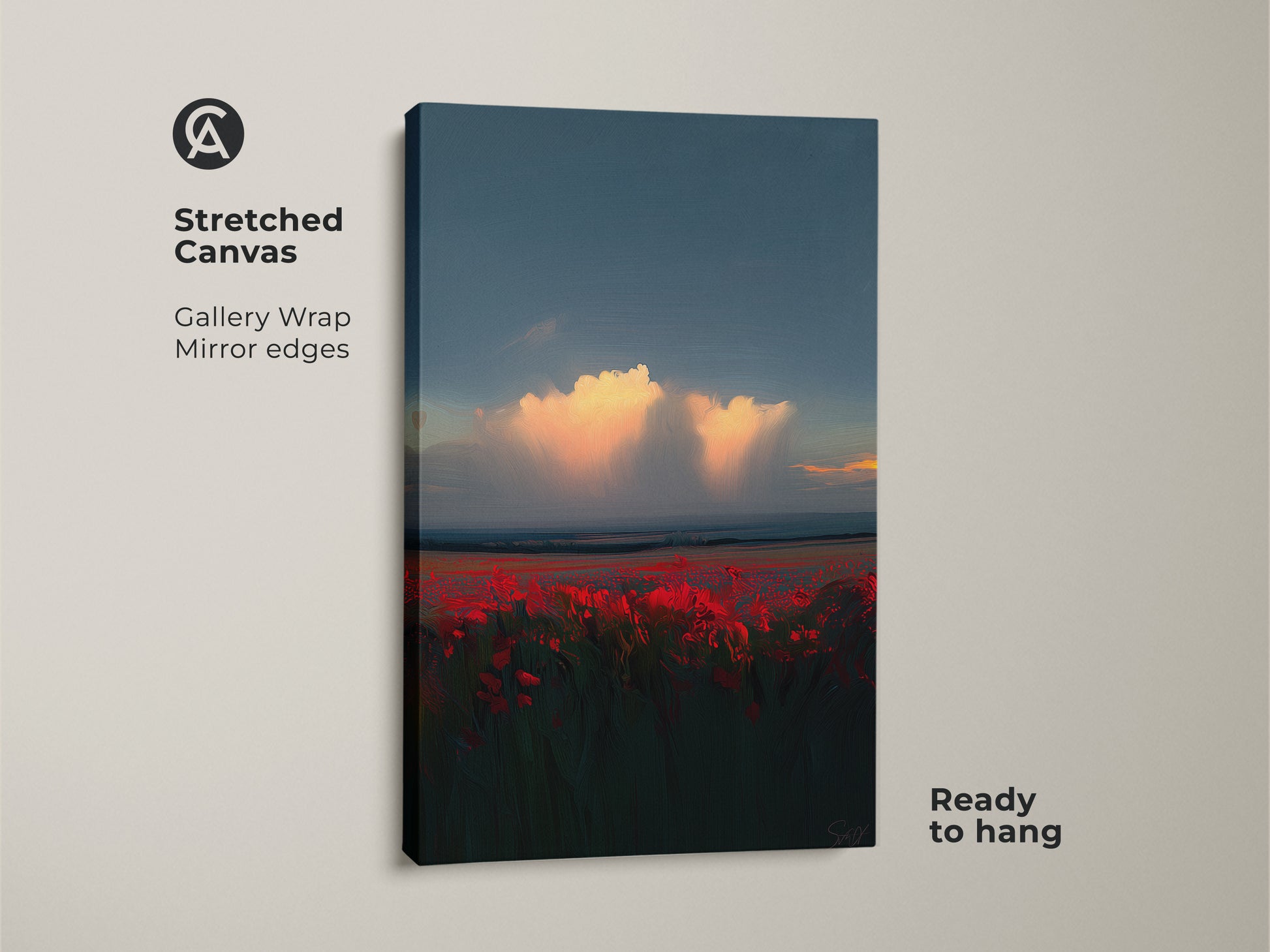 Stretched Canvas of a Sunset Poppy Field. Gallery wrapped with mirrored edges. This crimson poppy field artwork is ready to hang. It is a vibrant addition to any room and a beautiful nature scene.
