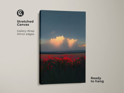 Stretched Canvas of a Sunset Poppy Field. Gallery wrapped with mirrored edges. This crimson poppy field artwork is ready to hang. It is a vibrant addition to any room and a beautiful nature scene.