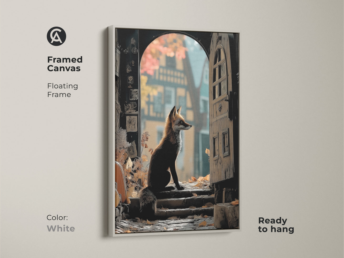 This framed canvas has a floating frame in white. The artwork features a fox sitting at an archway. This woodland animal print is ready to hang. The colors are gold & brown perfect for eclectic style.