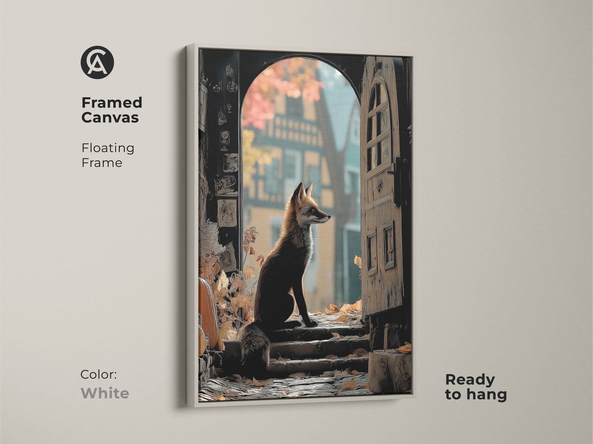 This framed canvas has a floating frame in white. The artwork features a fox sitting at an archway. This woodland animal print is ready to hang. The colors are gold & brown perfect for eclectic style.
