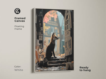 This framed canvas has a floating frame in white. The artwork features a fox sitting at an archway. This woodland animal print is ready to hang. The colors are gold & brown perfect for eclectic style.