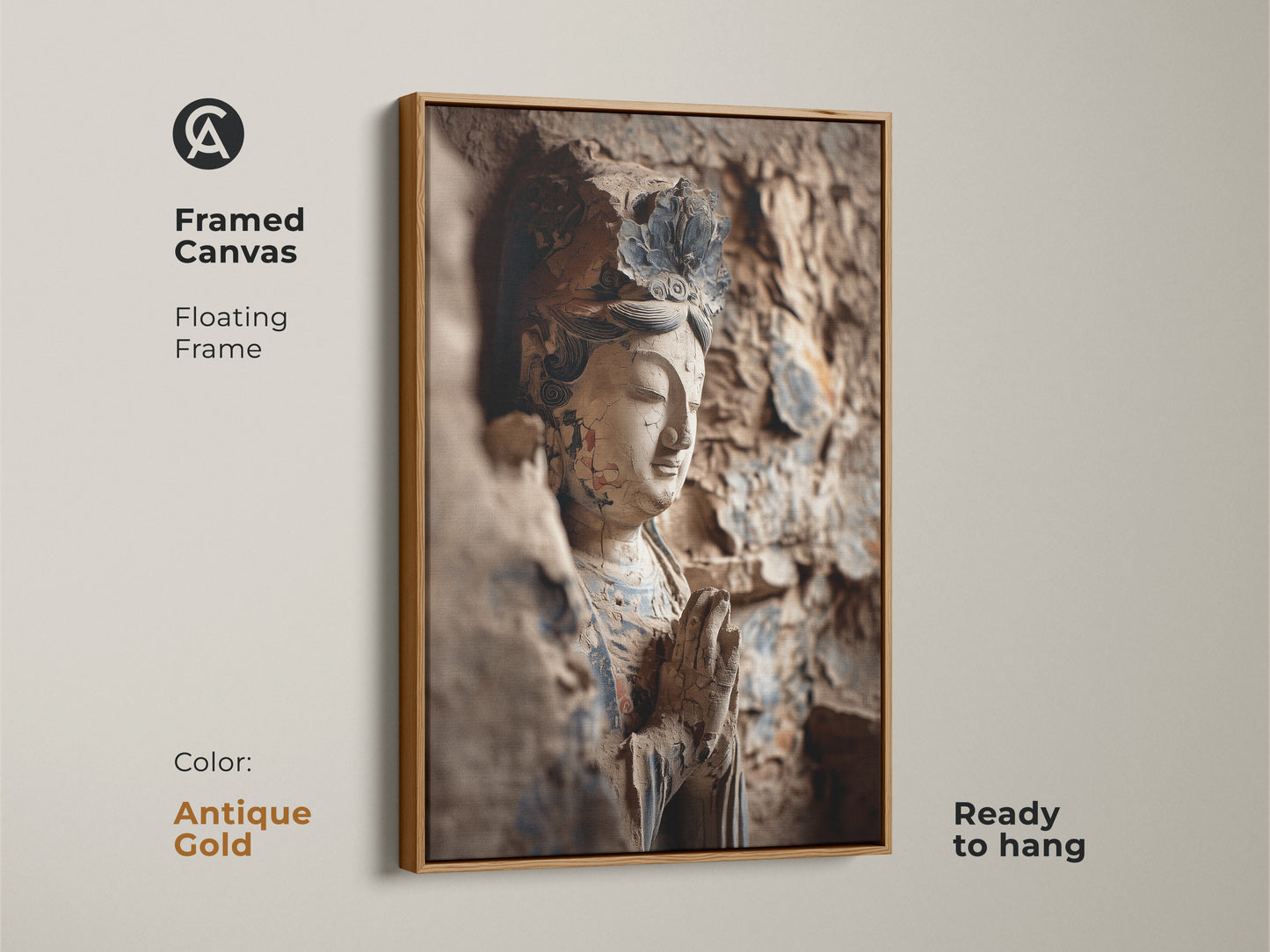 A framed canvas shows a Buddha statue artwork. The floating frame is antique gold. This zen buddhist art print is ready to hang. It's perfect for mindfulness artwork.