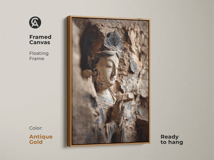 A framed canvas shows a Buddha statue artwork. The floating frame is antique gold. This zen buddhist art print is ready to hang. It's perfect for mindfulness artwork.
