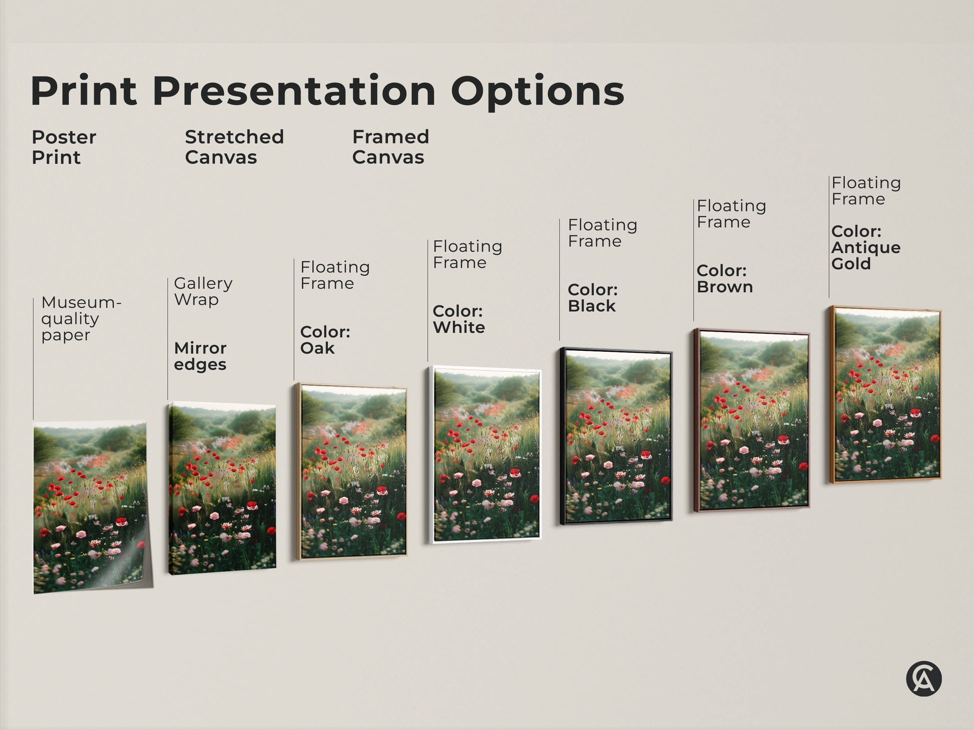 Explore presentation options for poppy field art prints. Choose from poster prints stretched canvas & framed canvas. Options include museum-quality paper gallery wrap & floating frames. Customize your floral art.