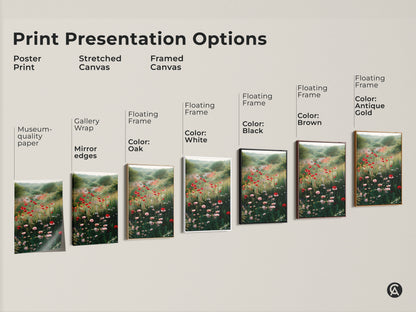 Explore presentation options for poppy field art prints. Choose from poster prints stretched canvas & framed canvas. Options include museum-quality paper gallery wrap & floating frames. Customize your floral art.
