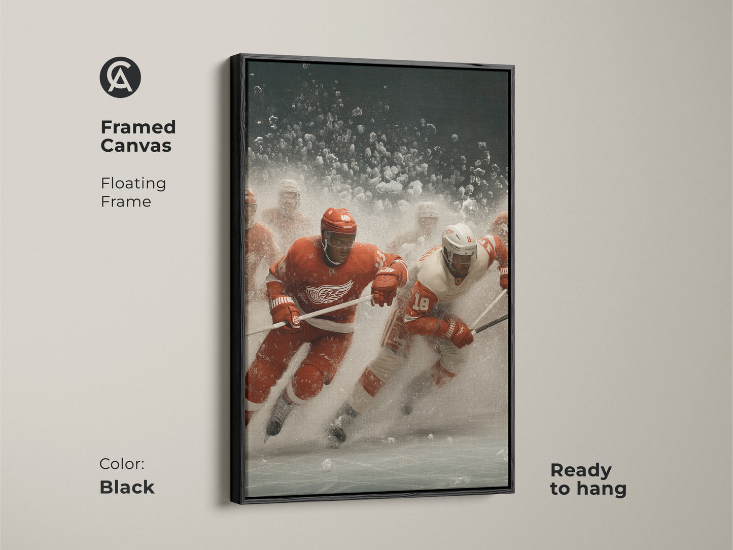 Framed Canvas with Floating Frame featuring a dynamic Ice Hockey action shot.  The artwork is ready to hang with a black frame. This sports decor is perfect for game rooms and hockey fans. The Red and White print adds an energetic contemporary feel.