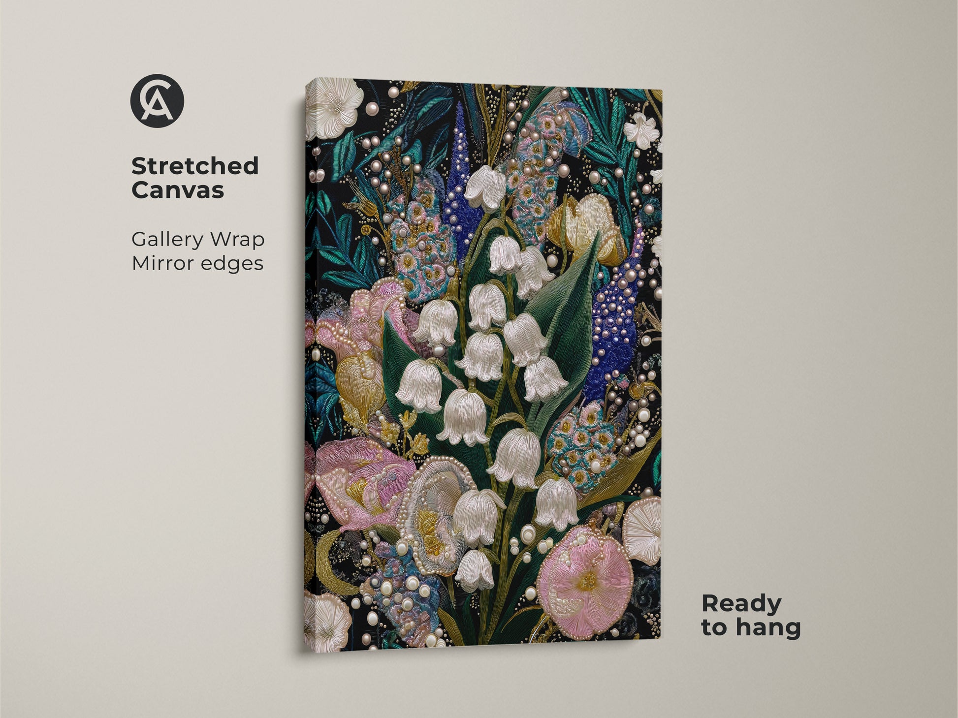 Stretched canvas showcasing Lily of the Valley & Tulip Embroidery Art. The gallery-wrapped edges highlight the textured floral artwork. Ready to hang this pink teal and white botanical art brings spring garden charm to a maximalist bedroom.