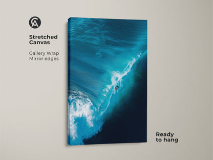 A surfer art print stretches across a canvas. The gallery wrap showcases mirror edges. This ready-to-hang artwork brings the ocean's energy to any room. It is ideal for surf art collectors. Explore our wave art prints for a stunning visual impact.