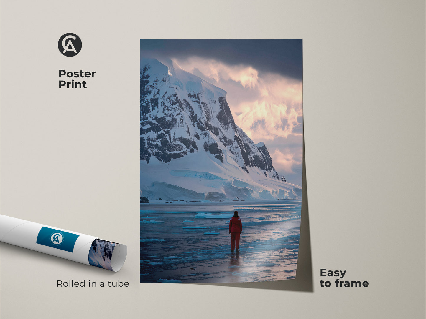 Poster print of an Antarctica landscape showing an adventurer in a red suit. Easy to frame this arctic adventure wall art brings the beauty of winter nature into any room. Rolled in a protective tube for delivery.