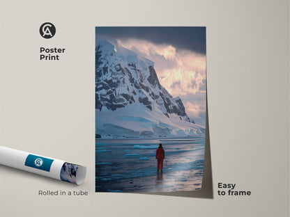 Poster print of an Antarctica landscape showing an adventurer in a red suit. Easy to frame this arctic adventure wall art brings the beauty of winter nature into any room. Rolled in a protective tube for delivery.