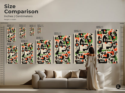 Size Comparison of Abstract Geometric Art. See the various sizes of this artwork in inches and centimeters. This Mid-Century Modern art features an Orange Green Black Animal Motif. Perfect for living room or office decor.