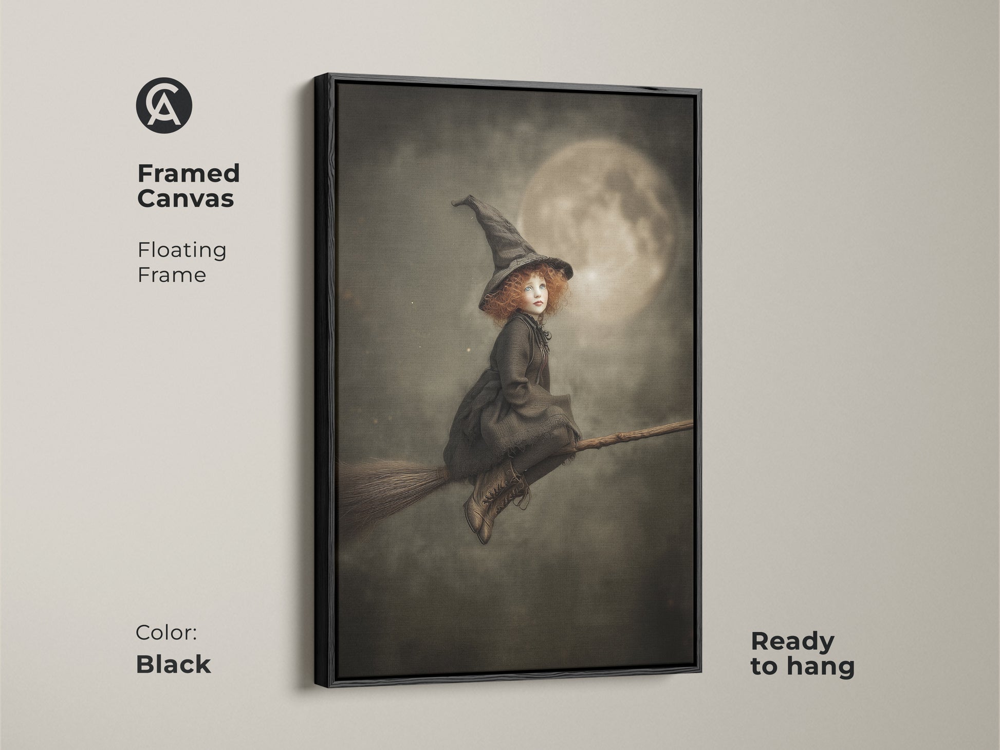Framed canvas art of a little witch flying on her broomstick. The floating frame is black and ready to hang. This gothic fantasy artwork is perfect for a kids room. The dark academia aesthetic adds magic to any space. A luminous moon lights her way.
